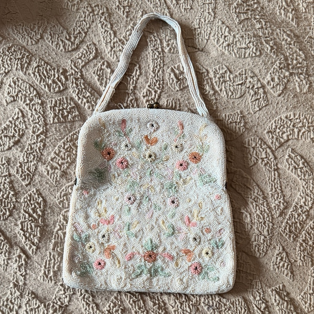 Vintage Floral Beaded White Handbag